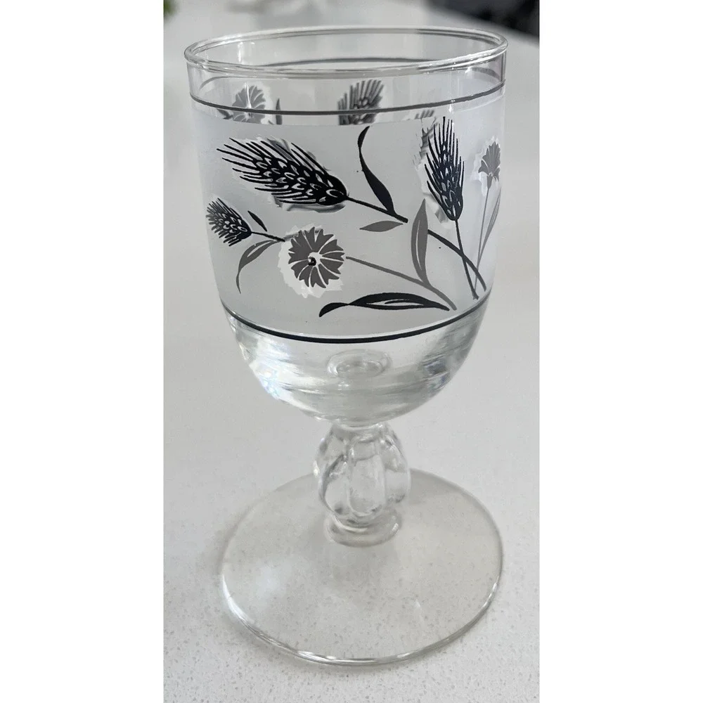 Vtg MCM Libbey Silver Wildflower & Wheat Frosted Pedestal Goblets Set Of 6